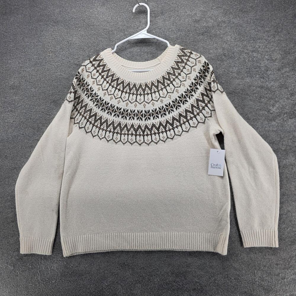 Croft & Barrow Sweater Pullover Womens M White Fair Isle Crew Neck Knit